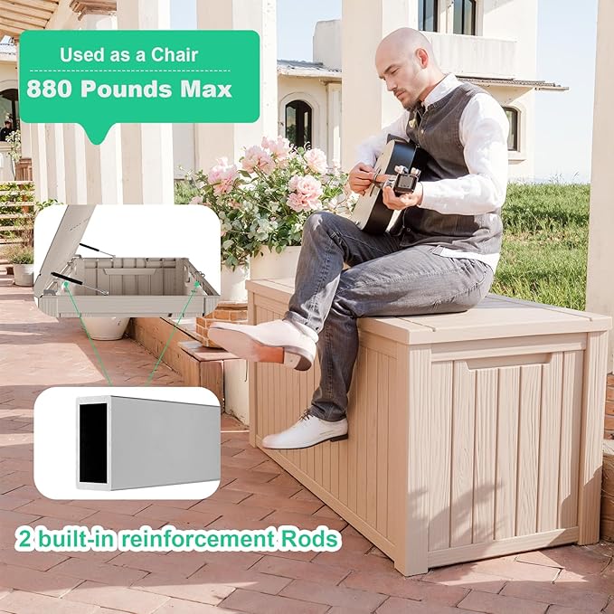 ROJIK 200 Gallon Waterproof Outdoor Deck Storage Box, Lockable Resin Patio Storage Bin with Lid for Garden Tools, Patio Cushions & Outdoor Accessories(Grey)