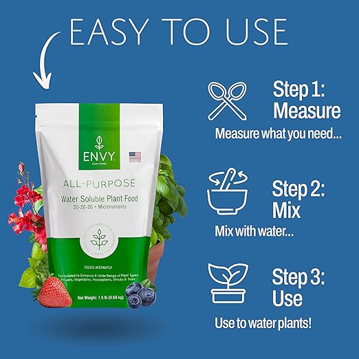 ENVY All-Purpose Plant Fertilizer, 9 Pound (3X 3lb) - Makes 900 Gallons, for Indoor and Outdoor Plants, Pet Safe, Water Soluble, Made in USA