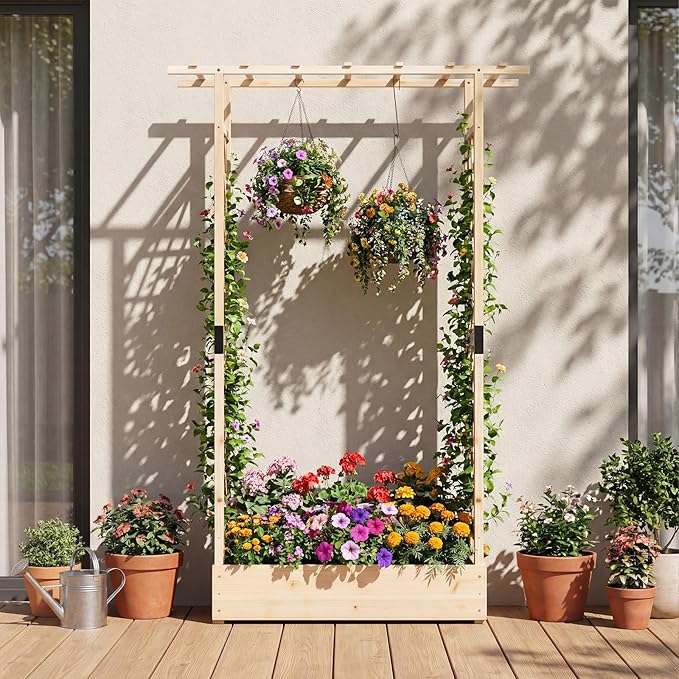 HAPPYGRILL 89" Raised Garden Bed with Trellis & Hanging Roof, Wooden Planter Box with 4 Drainage Holes, Outdoor Wood Elevated Garden Bed for Climbing Plants Vines Vegetables Flowers (Natural,2)