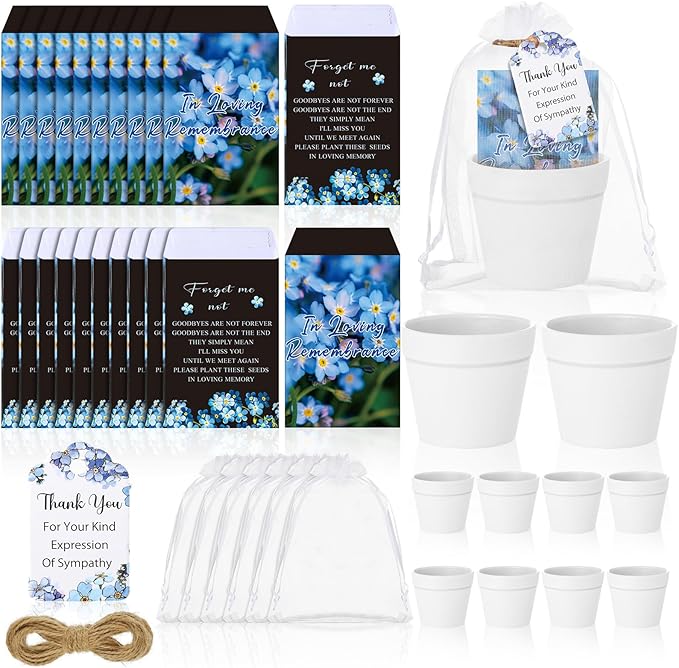Ctosree 50 Sets Forget Me Not Seeds Packets Funeral Favors Celebration of Life with Flowerpot Thank You Tags Organza Bags for Funeral Memorial Loss of Loved One(Seeds Not Include)