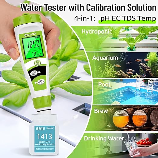 UIUZAMR pH Meter for Hydroponics PPM EC Meter for Water Hydroponics Simultaneously Display Tester for Plant Nutrients pH Conductivity Meter for Reservoir Tank Hydroponic Water System