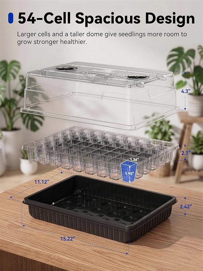 GLOWRIUM Seed Starter Tray with Grow Lights, 54-Cell Seed Starter Kit with 4.3" Humidity Dome, Indoor Seedling Starter Tray with 3/9/12/16h Timer, Adjustable Brightness Seed Starting Trays (2 Pack)
