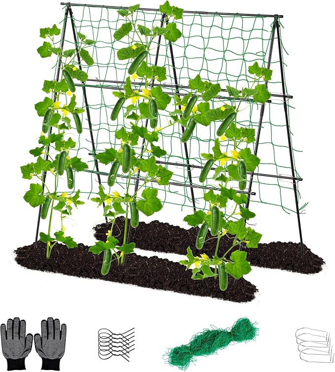 Lalahoni Cucumber Trellis, 4ft x 4ft Metal A-Frame Garden Trellis Climbing Plant Outdoor Support Fruit Grape Vine Vegetable Tomato Pea Bean Cucumber Trellis Raised Bed, with Netting, Black