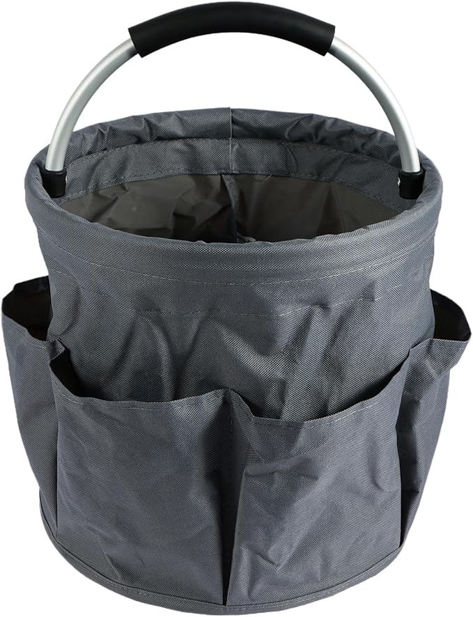 Gardening Storage Tote with Handle and 6 Pockets, Folding Garden Tool Basket, Storage Bag for Outdoor Picnicking, Beachcombing, Bathroom Essentials, Home Shopping, Gray