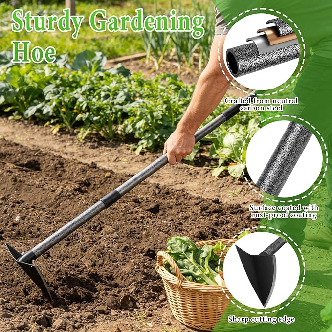 Garden Hoe, Heavy Duty Trenching Hoes with Adjustable Long Handle 30-72 Inch, Sharp Edge Triangle Weeding Hoe Garden Tools for Weeds Removal,Cultivating,Digging,Loosen Soil, Trenching