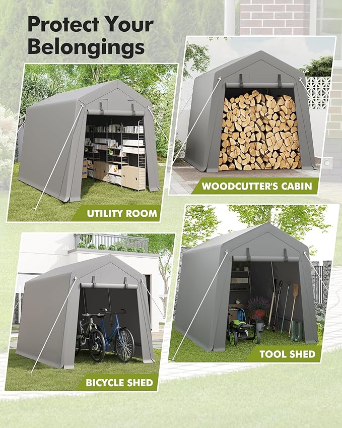 GarveeHome 6 x 8 Ft Carport Storage Shed, Portable Garage with Roll-Up Zipper Door, Heavy Duty Waterproof Tarp, Storage for Motorcycle, Bike, Firewood, Garden Tools, Grey