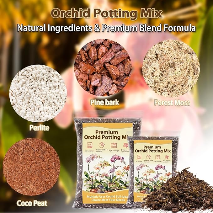 Orchid Potting Mix, Premium Orchid Soil for Repotting with Natural Pine Bark, Perlite, Coco Peat and Moss, Well-Draining Orchid Mix for Indoor Plant, Orchid, Succulents - 2QT