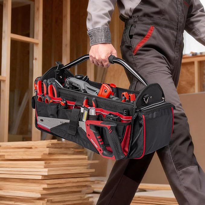 HAUTMEC 18.5" Heavy-Duty Tool Tote, 1680D Open Top Tool Bag with 39-Pockets, Rotating Steel Handle, Padded Shoulder Strap & Water-Resistant Base - HT0178