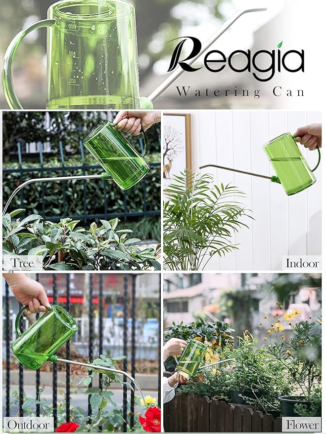 Plastic Watering Can, Plant Watering Can with Stainless Steel Long Spout, 1L/34oz Clear Measurement Markings Long Spout Watering Can for Indoor Plants, House Plants and Flowers Easy Fill-Green