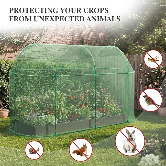BPS Crop Cages for Garden Plant, 10x3x5 Ft Plant Netting Protection Tent with Zippered Door for Plants, Raised Garden Bed Cover with Frame for Vegetables, Fruits and Flowers