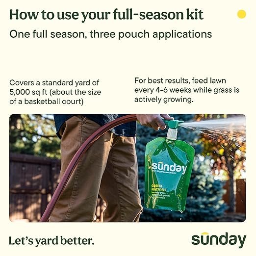 Sunday Season of Sunday Lawn Care Kit, 4-Month Feeding System, Includes Lawn Kickstart, Water Focus, Green Machine + Soil Test Kit & Analysis, for All Grass Types, Covers up to 5,000 sq ft
