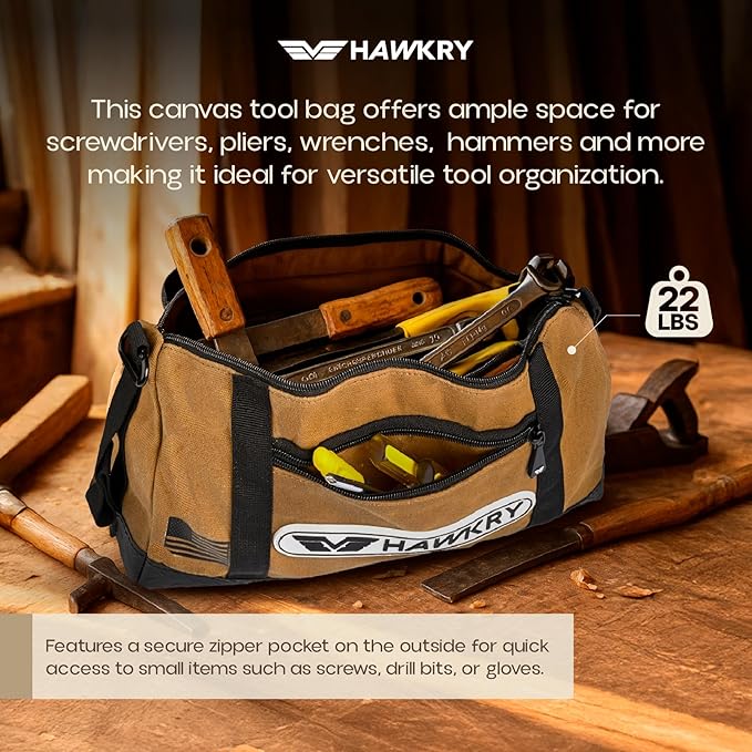 HAWKRY Heavy Duty Canvas Tool Bag – Waterproof Canvas Zipper Pouch, Garden Tool Bag, Construction Bags Heavy Duty, Small Zipper Pouch, Motorcycle Tool, Multipurpose Fishing Bag