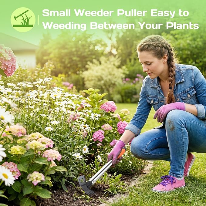 Upgraded 17" Weed Puller Tool, Portable Garden Weed Pulling Tool for Weeding Uprooting Planting, 2 in 1 Hoe & 4 Teeth Rake Manual Weeder, Durable Weed Remover Gardening Hand Tools for Yard Lawn Farm