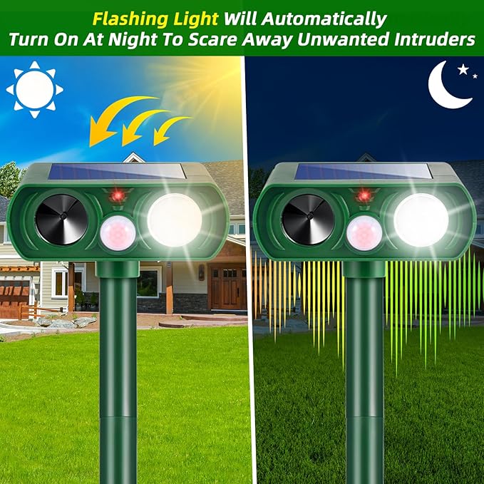 4 Pack Solar Ultrasonic Cat Deer Dog Possum Skunk Rodent Repellent Keep Pest Away Motion Activated with Flash Light for Yard Garden,IP65 Waterproof Squirrel Racoon Fortress Pro Animal Repeller Outdoor