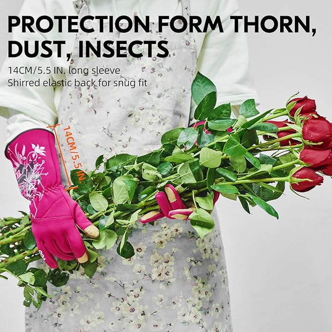 Vgo... 1-Pair Ladies' Synthetic Leather Gardening Gloves, Long Sleeves Gauntlet, Breathable & Grip Work Gloves, High Dexterity, Washable (Size M, Red, SL7445)