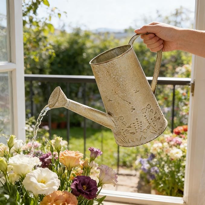 Vintage Metal Watering Can with Floral Embossed Design Garden Distressed Gold Decorative Watering Pot Planter Farmhouse Waterer for Home Indoor Outdoor Garden Balcony Courtyard