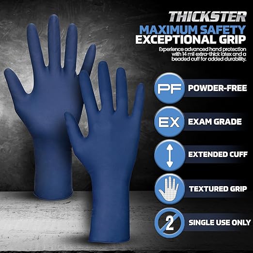 Thickster Powder-Free Exam Grade Latex Disposable Gloves. Size Large. Blue, 14 mil Thickness, 12" Length. Fully Textured for Superior Grip. Single Use. Pack of 50. (6603-20)