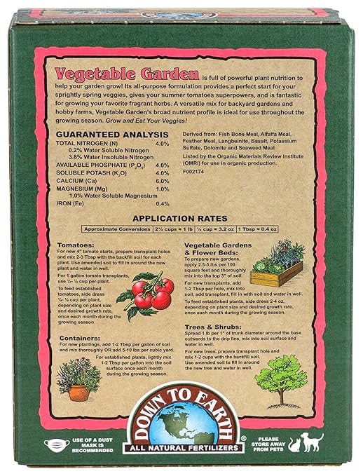 Down To Earth All Natural Fertilizers Organic Vegetable Garden - Plant Food for Vegetables, Herbs, Greens and Raised Beds 4-4-4, 5 lb