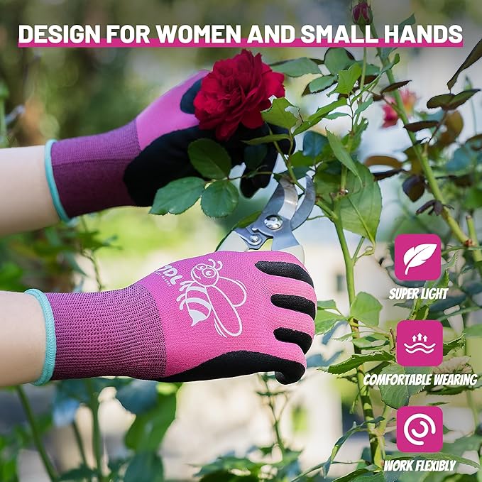 JDL 12 Pairs Nylon Nitrile Coated Gardening Gloves for Women, Touchscreen Yard Garden Gloves, Breathable Safety Work Gloves with Grip, Pink, Medium