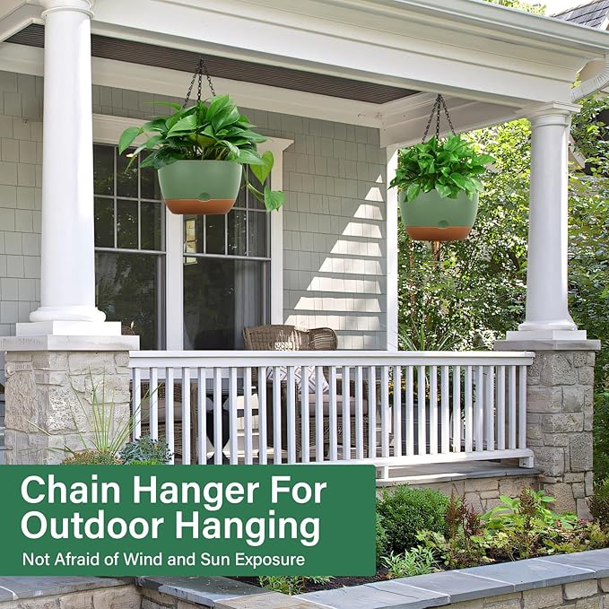 Hanging Planters for Indoor Plants, 2 Pack 8 Inch Self Watering Hanging Pots for Plants with Drainage Holes, Indoor Outdoor Hanging Flower Pots for Home Garden Ceiling Decor (Green)