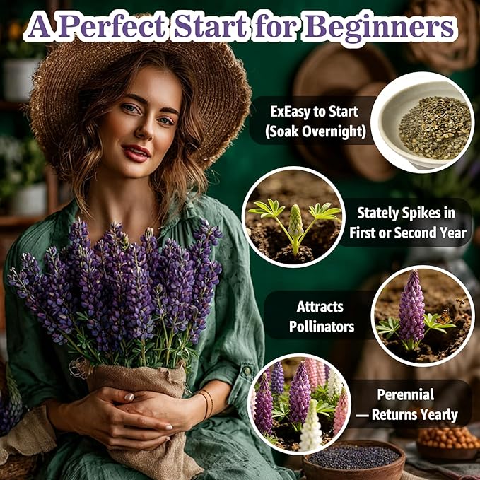 Russell Lupine Seeds (0.35oz - 1000+ Seeds) - Mixed Color Perennial Wildflower - Lupinus polyphyllus - Non-GMO Heirloom Seeds for Planting, Attracts Bees & Hummingbirds,