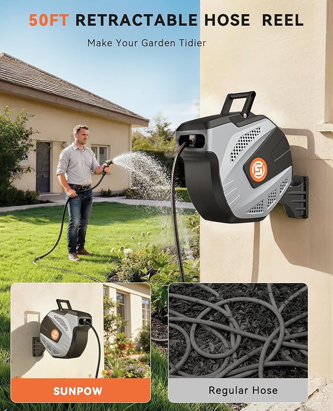 SUNPOW Retractable Garden Hose Reel - 1/2 inch x 50ft Wall Mounted Hose Reel with 3/4 inch Brass Fitting & 10 Function Sprayer Nozzle - Any Length Lock, Auto Rewind System, 180°Swivel Bracket - Grey