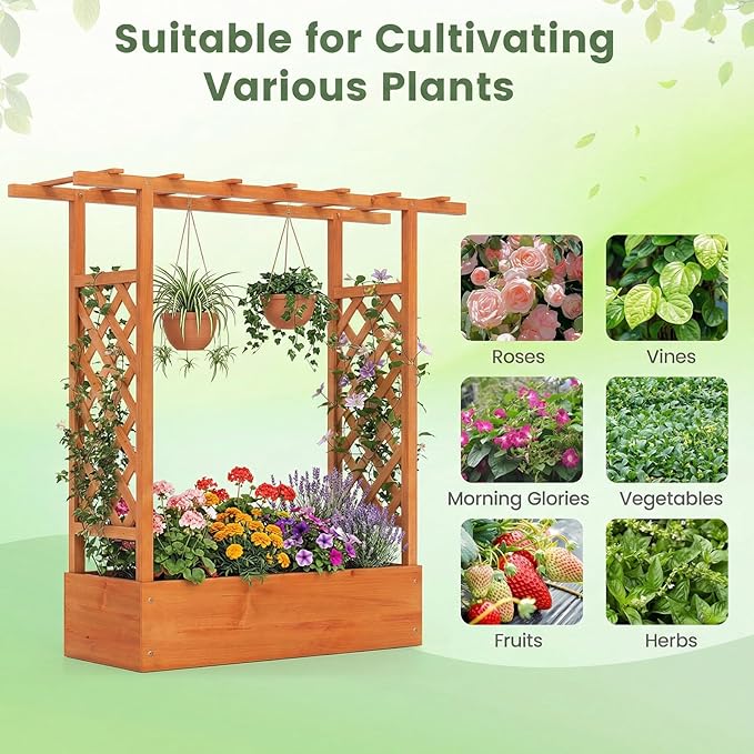 Raised Garden Bed with Trellis, Wood Planter Box w/Trellis, Hanging Roof, Drainage Holes, Freestanding Planter Raised Bed for Outdoor Climbing Plants Flowers, Patio Yard Balcony (1, Orange)