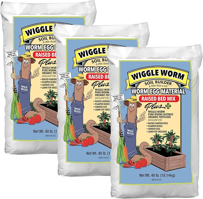 Wiggle Worm Raised Bed Mix, 40lbs, Pack of 3 - Organic Soil and Fertilizer for Container Gardening - Worm Egg Material Mixed with Odor Free Pure Worm Castings