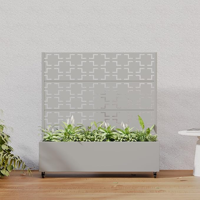 Casaphoria Metal Raised Garden Bed with Trellis and Wheels, 47"x47"x16" Planter Box for Climbing Plants, Vegetables & Vines, Features Drainage Holes and Privacy Screen, Grey-Square
