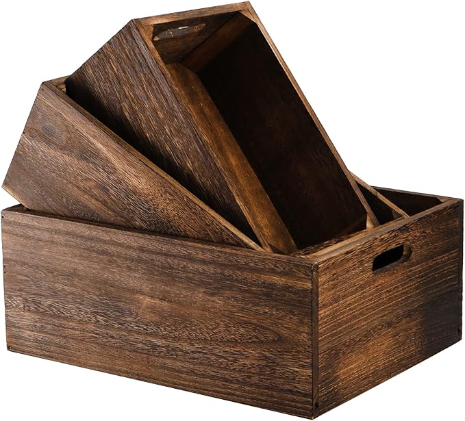 Frcctre Set of 3 Wood Nesting Storage Crates with Handles, Decorative Farmhouse Wooden Crates Storage Containers Rustic Handmade Natural Solid Wood Basket