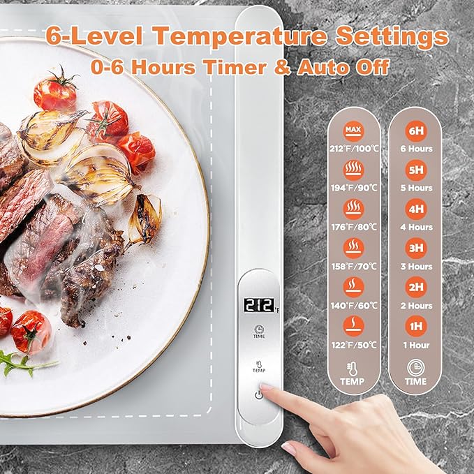 Food Warming Mat for countertop with heat insulation pad,6 Adjustable Temp & Timer Modes,Fast Even Heating, Auto Shut-Off, Portable Electric Heating Warming Tray for Parties Buffets Family Gatherings