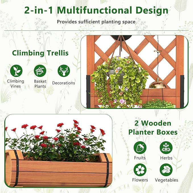Giantex Raised Garden Bed with 2 Barrel Planters & Trellis, 2-Tier Freestanding Wooden Raised Bed for Vine Vegetable Flower Fruit, Indoor Outdoor Plant Box for Garden Yard Balcony 18" Lx14 Wx44.5 H
