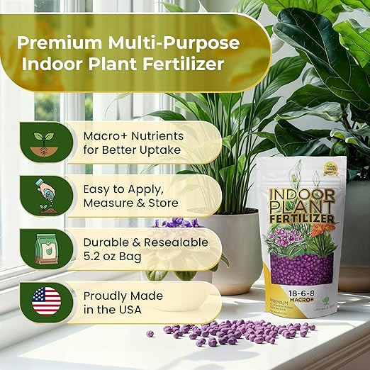Indoor Plant Fertilizer Pellets 18-6-8 Slow Release Macro+ Formula – Long-Lasting Plant Fertilizer for Seedlings & Mature Plants | Multi-Purpose Blend & Gardening Supply, 5.2 oz Resealable Bag