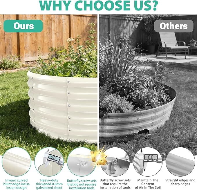 17" Tall Round Outdoor Garden Raised Garden Bed Kits-0.8MM Thick Metal Raised Planter Bed/Ground Planter Box for Variety of Flowers,Herbs,Vegetables,Trees (Cream White, 48 Dia X 16.5inches)
