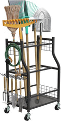 Garage Garden Tool Organizer with Wheels - Yard Tool Storage Rack with 28 Slots for Long Handles, 10 Hooks, 2 Cord Wrappers, and Locking Wheels - Shed or Garage Organization by Pure Garden