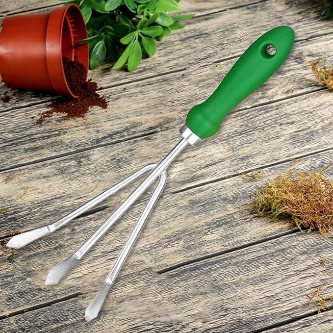 Garden Rake Heavy Duty Stainless Steel Hand Rake Gardening Tools 3 Prong Hand Claw with Ergonomic Handle Soil Tiller Garden Fork Cultivator for Garden Weeding Turning Soil
