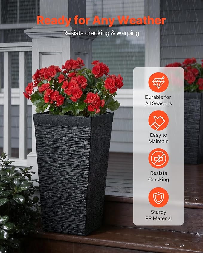 VEVOR Set of 2 Tall Planters for Outdoor Plants 23inch, Black Tall Planter for Indoor Plants, Modern Planters for Front Porch Patio Balcony, Plant Container Flower Pots with Built-in Drainage