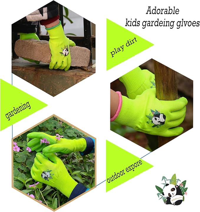 HANDLANDY 2 Pairs Kids Gardening Gloves, Toddler Children Garden Yard Work Outdoor Playing Gloves, Rubber Coating, for Girls Boys Youth (Size L, Green)