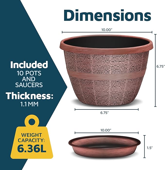 10-Inch Whiskey Barrel Planters Outdoor Pack of 10 - Durable Plastic Plant Pots for Indoor & Outdoor Use with Drainage & Saucer, Lightweight Rustic Barrel Planters for Flowers, Herbs & Small Plants