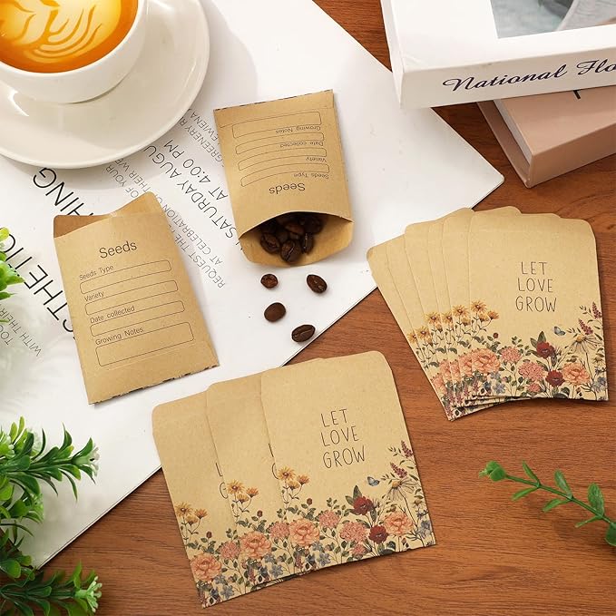 100Pcs Wildflower Seed Packets Let Love Grow Self-Adhesive Kraft Envelopes Rustic Floral Seed Storage Pockets for Garden Office Party Favors Supplies, 3.15 x 2.4 Inch
