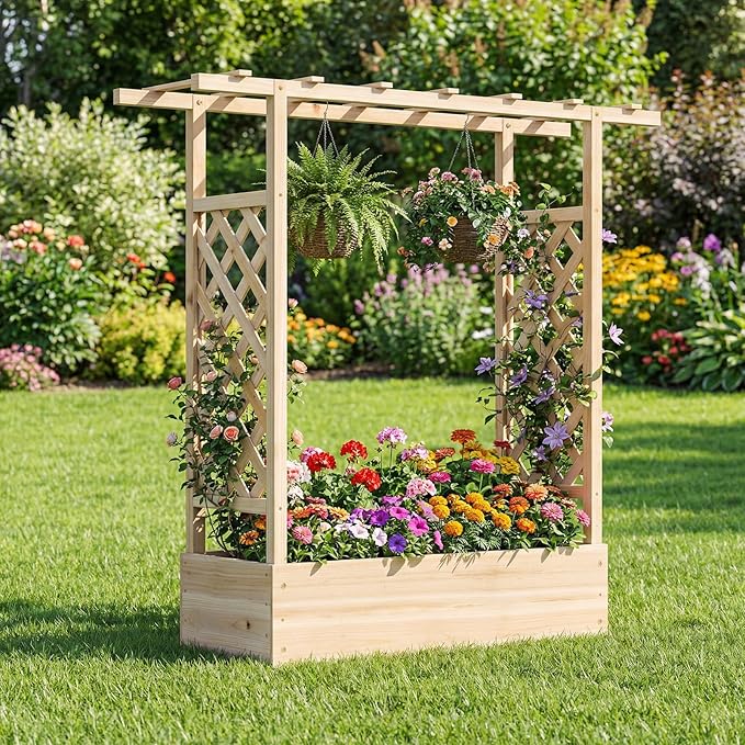 Raised Garden Bed with Trellis, Wood Planter Box w/Trellis, Hanging Roof, Drainage Holes, Freestanding Planter Raised Bed for Outdoor Climbing Plants Flowers, Patio Yard Balcony (2, Natural)