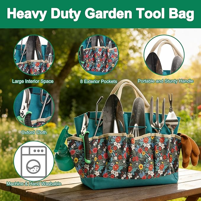 Garden Tool Set, 9 Pcs Heavy Duty Stainless Steel Gardening Hand Tool, Turquoise Garden Tool Bag Kit, Gardening Supplies Gifts for Women Men Mom Dad Gardener Beginner