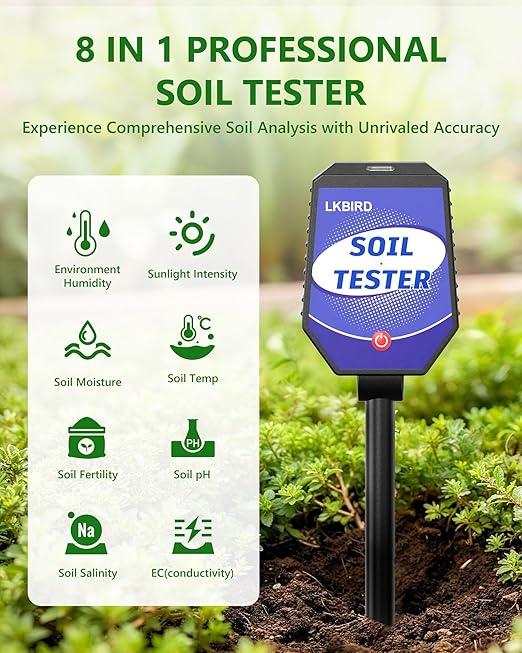 8-in-1 Soil Moisture Tester with APP Monitoring, Soil Moisture pH Meter, Light, Salinity, Fertility, EC, Temperature, Humidity Soil Test Kit for Garden, Farming, Lawns, Indoor & Outdoor Plants.