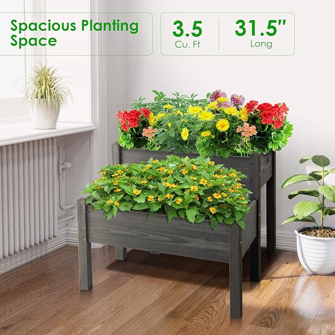 RELAX4LIFE 2-Tier Raised Garden Bed - Fir Wood Garden Elevated Planter Box with Legs, 8 Drainage Holes,220 Capacity for Growing Vegetable, Elevated Garden Bed for Outdoor Yard Patio Balcony (Gray)