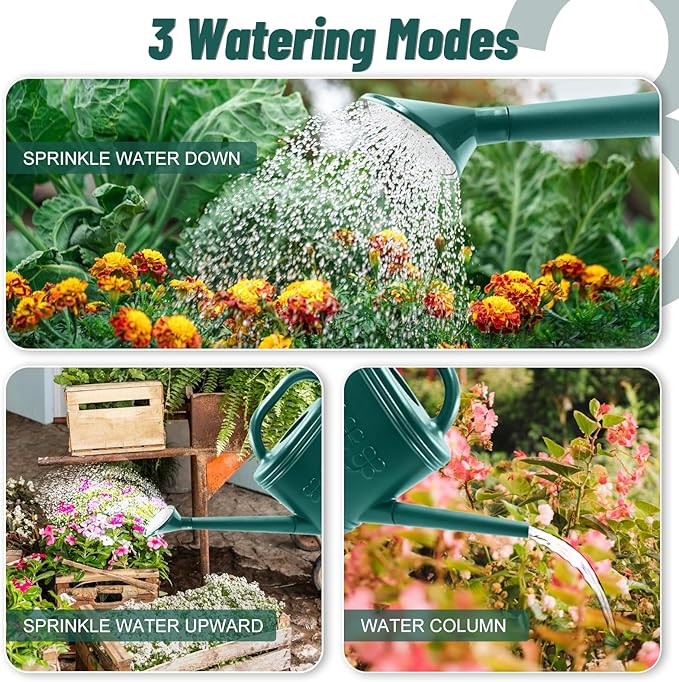 Watering Can for Indoor & Outdoor Plants, Plant Watering Can with Stainless Steel Shower Head, 1 Gallon Plastic Watering Can for Garden, Flowers, Vegetable, Greenhouse (Dark Green, 1 Gallon)