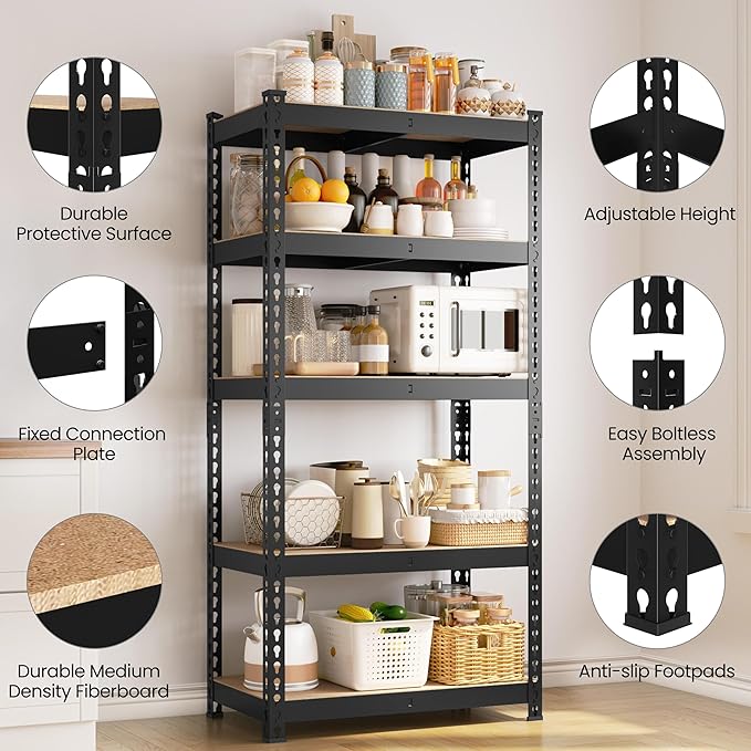 Yaheetech Storage Shelves, 5 Tier Heavy Duty Adjustable Metal Shelving Unit, Industrial Utility Rack for Garage Warehouse Pantry Closet (27.5 W x 12 D x 60 H Inches, Black)