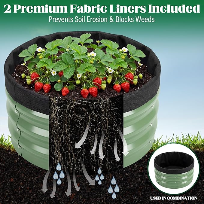 Round Metal Raised Garden Bed 2 Pack with Fabric Liners, 2 ft × 2 ft × 1 ft, Outdoor Planters for Backyard, Patio & Garden (sage Green)