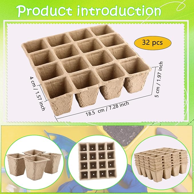 32 Packs of 16 Compartment Seedling Trays with Holes Biodegradable Seedling Sets Organic Plant Seedling Trays for Herb Seed Starter
