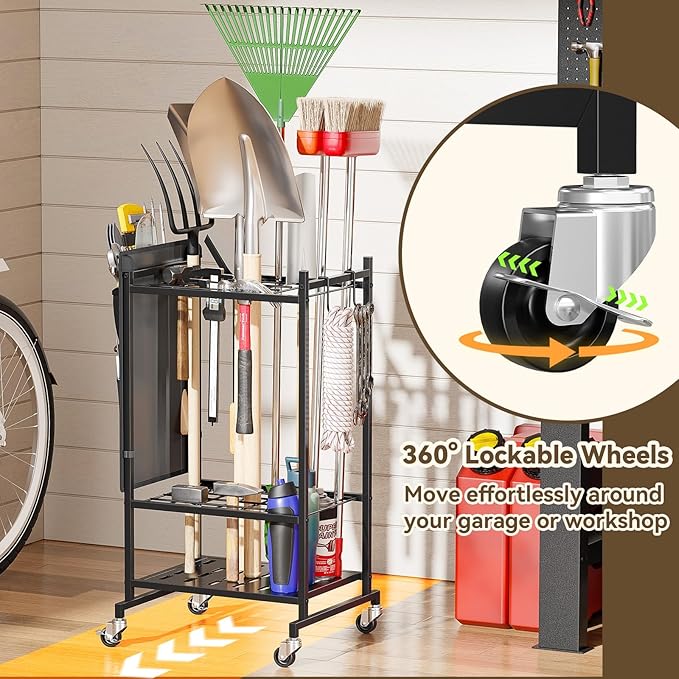 SUFAUY Garden Tool Organizer, Rolling Heavy-Duty Garage Tool Stand, Yard Storage Rack with Casters and Hooks, Black