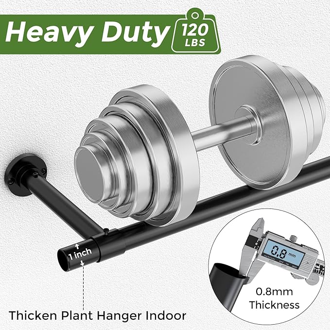 Window Plant Hanger Indoor, 32 Inch Heavy Duty Plant Hanging Rod, 1 Inch Metal Hanging Plant Holder for Window Wall, Matte Black Round Flange Base, Pot Not Included